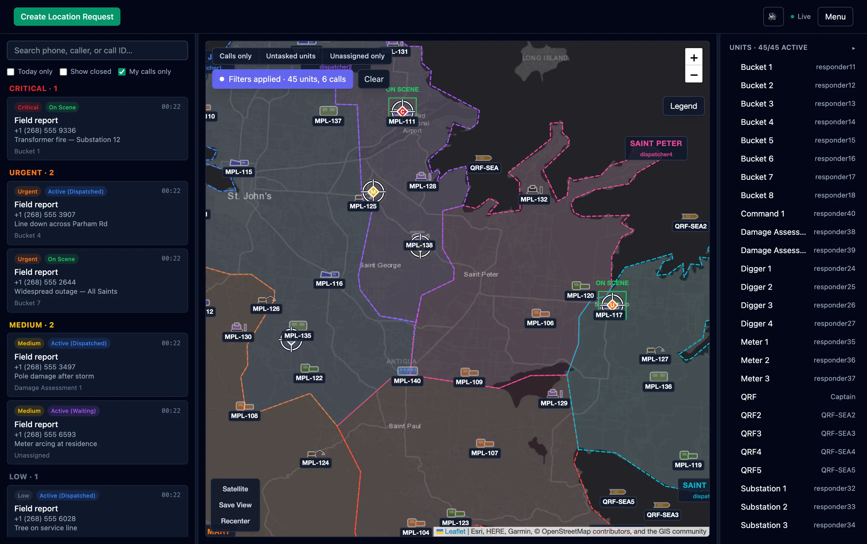 Beacon dispatch console: a live map of a utility's service territory with 45 crews, colored areas of responsibility, and a priority triage queue