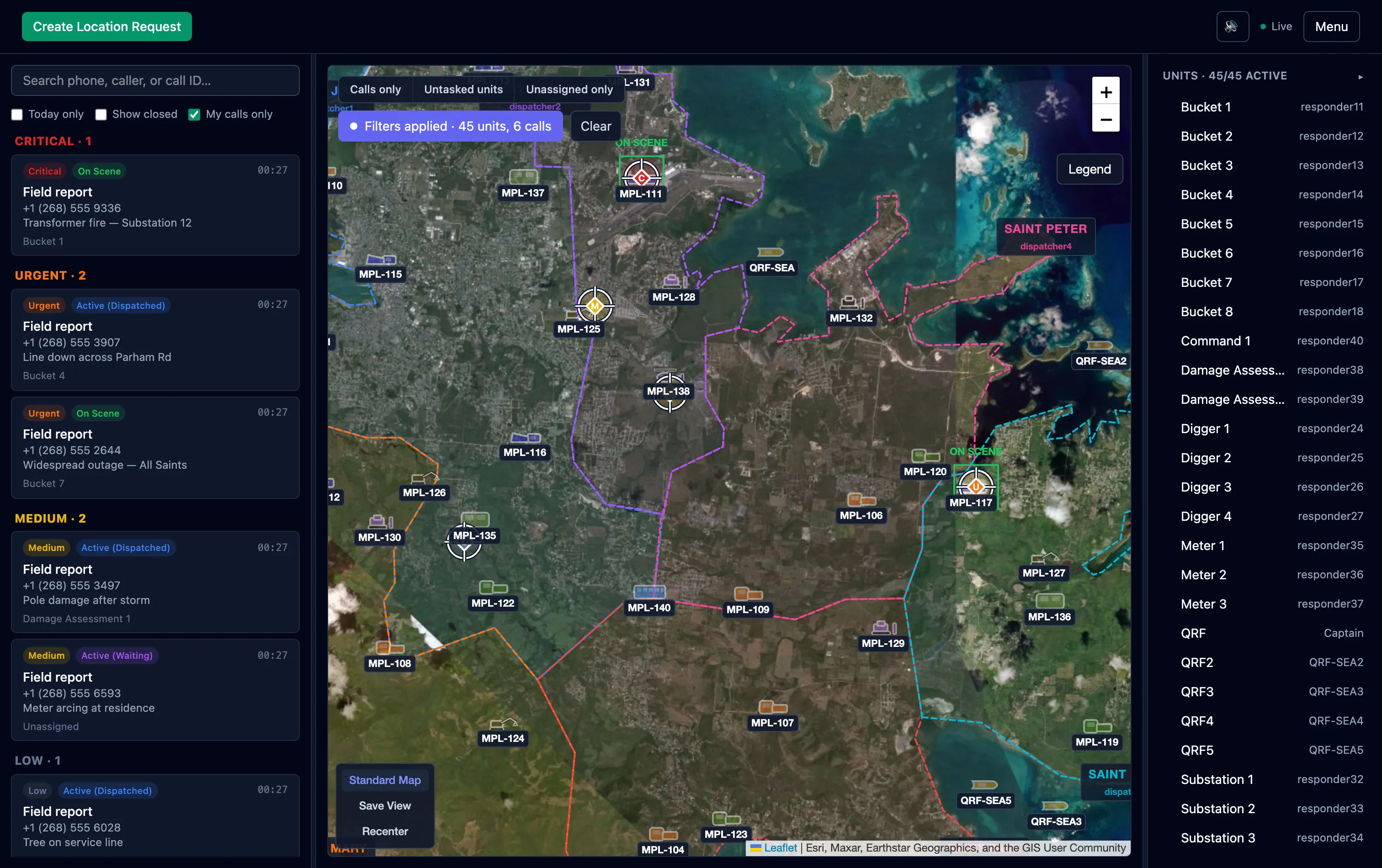 Beacon dispatch console in satellite view — aerial imagery of the service territory with crews, calls, and areas of responsibility overlaid